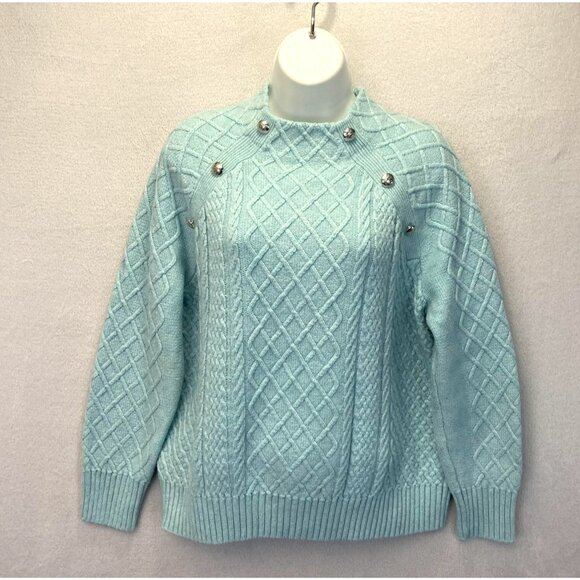 Talbots Cable Knit Sweater Womens Petite Large PL Aqua Blue Buttons Old Money - Picture 1 of 16